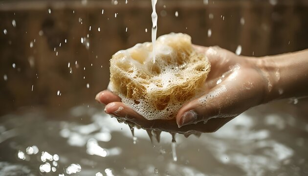 A hand holds a natural loofah sponge under running water
