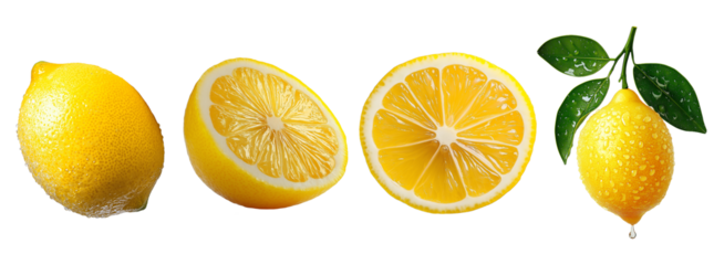 Set of different types of lemons: whole lemons, sliced ​​lemons, lemon wedges, half lemon