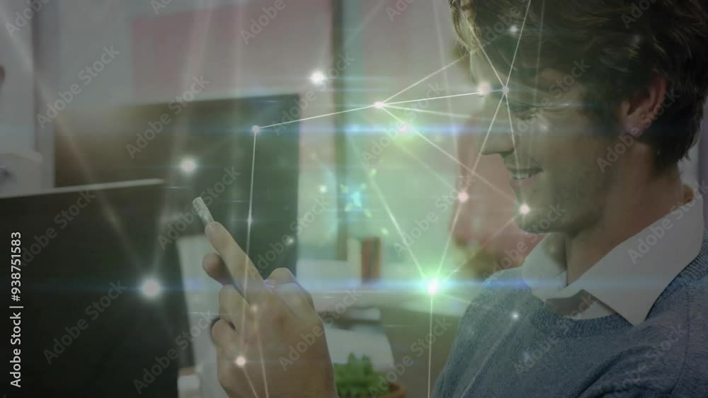 Poster using smartphone, man smiling with network connections animation in office background