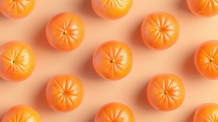 A pattern of fresh, whole oranges evenly spaced on a peach-colored background creating a visually pleasing and vibrant arrangement.