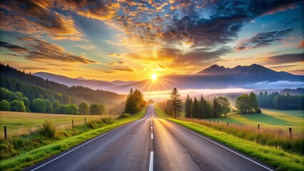 Naklejka premium Mountain road with stunning sunrise in a rural setting, mountain, road, sunrise, rural, landscape, nature, scenery, sky