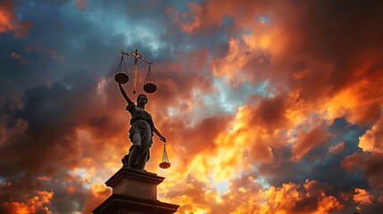 Silhouette of the Lady Justice statue against a dramatic sunset sky with vibrant orange and red clouds. The image embodies the concept of justice and law.