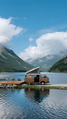 Fototapeta premium A camper van parked by a serene lake surrounded by majestic mountains under a clear blue sky. The scene captures the beauty of nature and outdoor adventure.