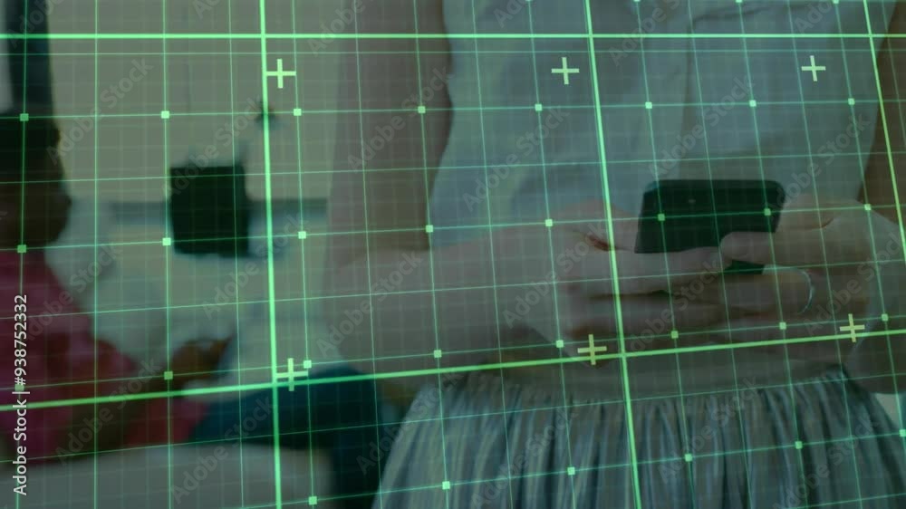 Poster using smartphone, person with grid and data points animation overlay