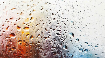 Close-up of raindrops on a window pane with colorful blurred lights in the background, creating a vibrant and abstract effect.