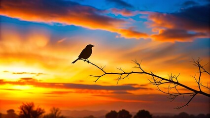 Obraz premium Silhouette of a lone bird perched on a branch against a colorful sunset background, bird, silhouette, sunset, nature, wildlife