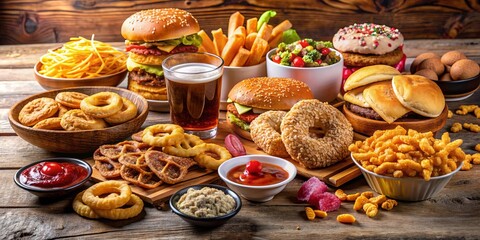 A table filled with an assortment of high calorie and ultra processed junk food , unhealthy, nutrition, empty calories