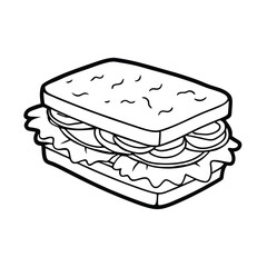 Line art vector of a big club sandwich with ham, cheese, and veggies on a dark background.