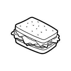 Line art vector of a big club sandwich with ham, cheese, and veggies on a dark background.