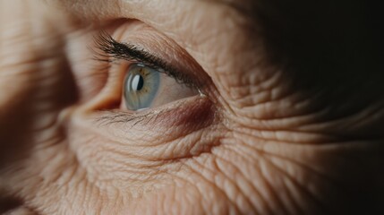 A detailed image of a womans face showing natural wrinkles around the eyes and mouth as she smiles The wrinkles are softly lit emphasizing the beauty of aging and the expression of joy creating a posi