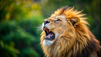 Fototapeta premium A close-up image of a majestic lion roaring in the wild , lion, fierce, wild, animal, king of the jungle, predator, mane