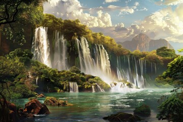 Obraz premium Lush Green Forested Waterfall Cascading into a Tranquil Pool