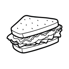 Line art vector of a big club sandwich with ham, cheese, and veggies on a dark background.