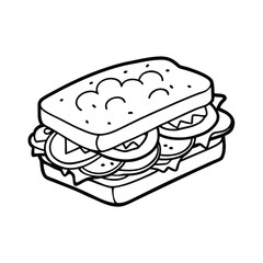 Line art vector of a big club sandwich with ham, cheese, and veggies on a dark background.