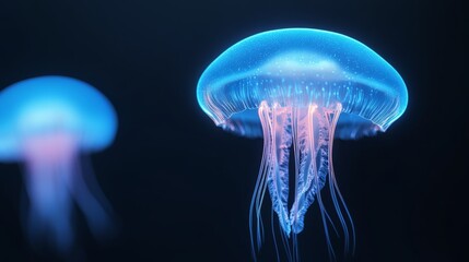A closeup shot of glowing jellyfish floating gracefully in deep blue water The jellyfish emit a soft pulsating light with their translucent bodies showing intricate details of their internal structure