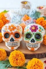 Vibrant Dia de los Muertos Offering: Hand-Decorated Sugar Skulls on Wooden Altar with Marigolds and Incense Smoke,Generative Ai