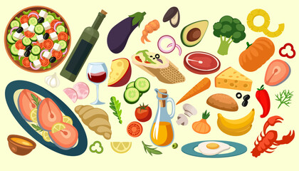 Food ingredient. Fresh vegetables. Juicy fruits. Onion or garlic. Kitchen oil. Salad bowl. Salmon fish steak. Olive bottle. Cheese slices and eggs. Beef meat. Bread pieces. Vector cooking products set