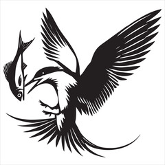 Obraz premium Royal Tern Silhouette, Thalasseus maximus Clipart, Royal Tern fishing mid-air Illustration in black and white