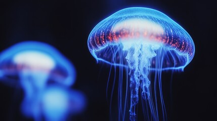 A closeup shot of glowing jellyfish floating gracefully in deep blue water The jellyfish emit a soft pulsating light with their translucent bodies showing intricate details of their internal structure