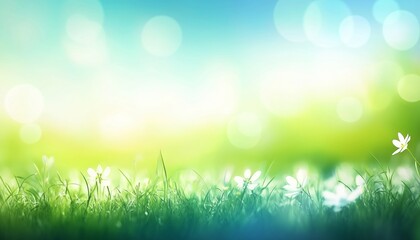 Obraz premium A Beautiful Spring Landscape with Lush Green Grass and Blossoming Flowers