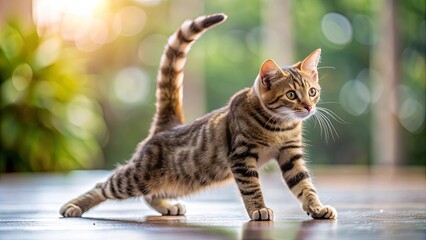 Naklejka premium A cute cat stretching and arching its back, cat, stretching, pet, feline, exercise, relaxation, fur, pose, flexibility