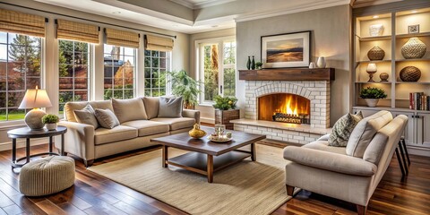 Fototapeta premium Cozy living room with a fireplace and comfortable furniture, cozy, living room, fireplace, comfortable, furniture, home