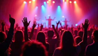 A vibrant concert scene with a diverse crowd of people raising their hands, illuminated by colorful stage lights, creating an energetic atmosphere.