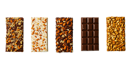 Set Of five Deffirent design and colour From above of appetizing sweet energy bars with nuts...