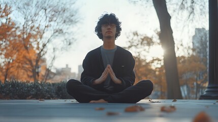 Fototapeta premium A serene young man with curly hair sits cross-legged in a park during autumn, practicing meditation as the sunlight filters through the trees, creating a peaceful atmosphere. 