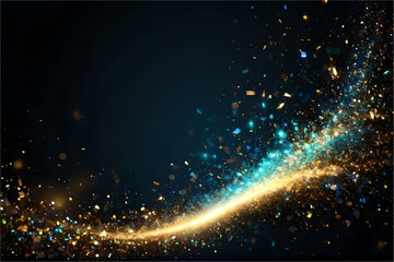 Obraz premium Background of an abstract digital data flow in blue and gold particles with dark background