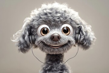 A cute grey poodle with big eyes wearing headphones.