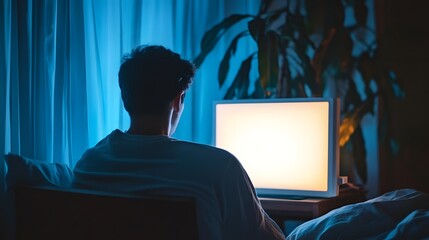 A person sitting on a bed in a dimly lit room, gazing at a blank television screen illuminated in front of them. 