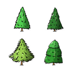 Pine Tree Cartoon Icons Collection. Hand drawn style with outline. isolated illustration