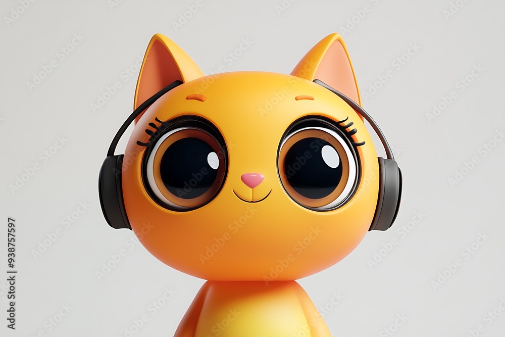 Wall mural a cute, orange cat with big eyes and a happy smile wears black headphones.