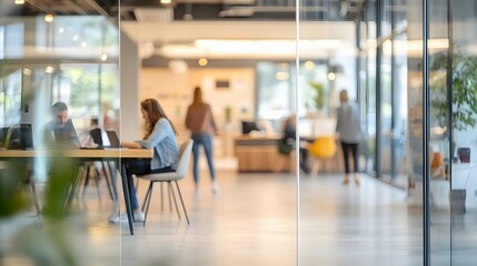 A modern office space bustling with professionals engaged in collaborative work and individual tasks, reflecting a productive and dynamic environment. 