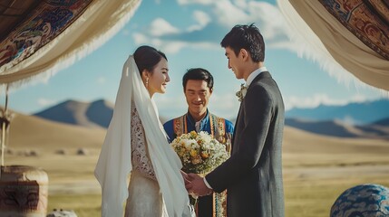 A joyful couple exchanges vows under a scenic sky, with a traditional officiant witnessing their love in a picturesque outdoor setting. 