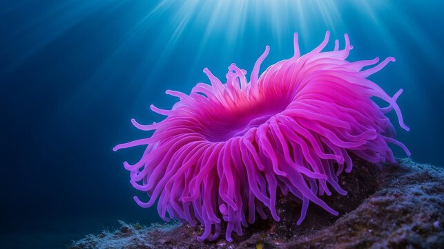 A captivating shot of a glowing sea anemone with tentacles that emit a soft radiant light in shades of purple and pink The anemone is anchored to a rock in shallow water with small bubbles rising arou