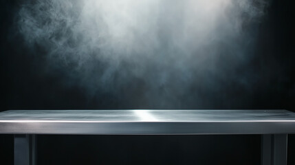 Dark grey background featuring an empty table illuminated by a spotlight, creating a blank steel texture surface ideal for product display in e-commerce or advertising concepts. This minimalistic setu