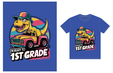a t-shirt with an image of a dinosaur driving a truck