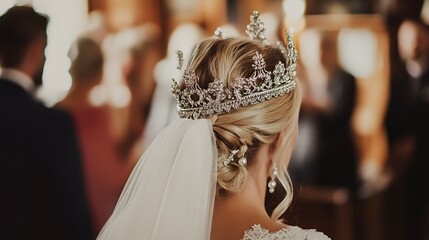 A beautifully captured scene of a bride wearing an elegant crown and veil, standing amidst blurred guests in a warm, intimate wedding setting. 