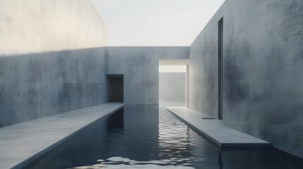 Obraz premium A serene architectural scene featuring minimalist concrete structures and a reflective water pool, evoking tranquility and modernism. 