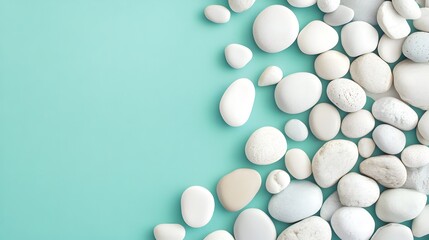 A serene arrangement of smooth white stones on a soft mint background creates a calming aesthetic. 