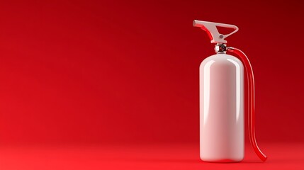 Obraz premium White fire extinguisher with red hose on red background.