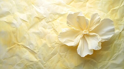 A delicate white flower sits elegantly atop a crumpled yellow background, creating a serene and minimalistic aesthetic for various creative projects.