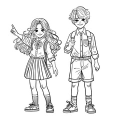 Vector Illustration of Happy Schoolgirl and Schoolboy