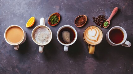 Obraz na płótnie Canvas A variety of coffees are available at the coffee shop, such as herbal teas, matcha lattes, and hot chocolate.
