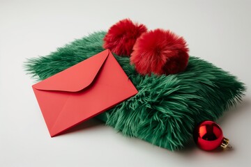 A red envelope and Christmas gifts in a green fur Christmas bag