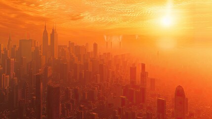 Fototapeta premium Urban areas experiencing heat waves and urban heat islands due to global warming, highlighting health risks and adaptation measures.