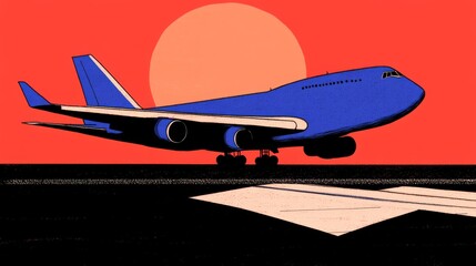 A 2D cartoonstyle illustration of an airplane taking off from a runway with a few stylized passengers waving from the windows The runway is shown with simple lines and the background features a gradie