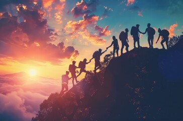 Fototapeta premium Silhouetted figures collaborate to ascend a mountain peak, embodying teamwork, leadership, and mutual support, capturing the essence of achieving goals together in a dynamic outdoor setting